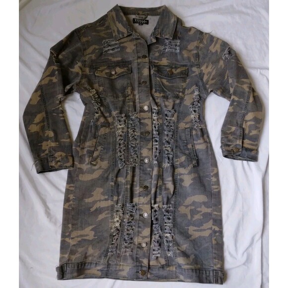 Thrill Jeans Jackets & Blazers - Thrill Jeans Denim Jacket Green Camo Distressed Frayed Grunge Womens Large